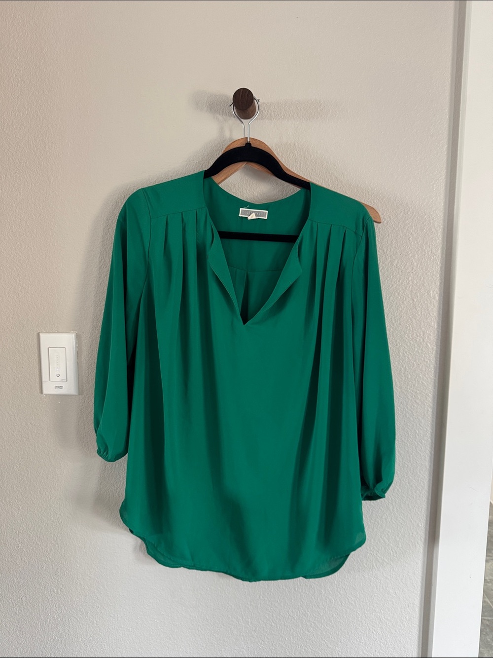 Pleione Emerald Green V-Neck Pleated Blouse